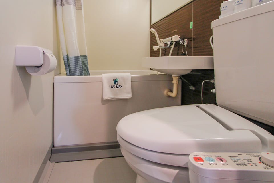 Combined shower/tub, free toiletries, hair dryer, slippers