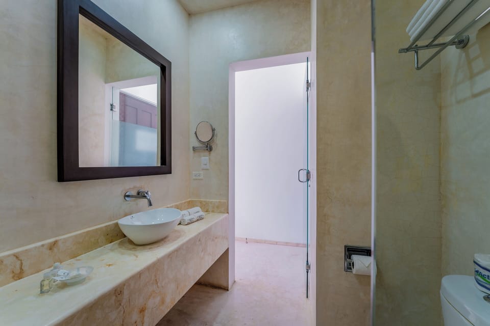 Shower, free toiletries, hair dryer, towels