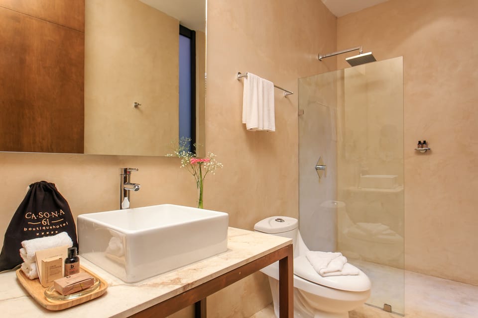 Shower, free toiletries, hair dryer, towels