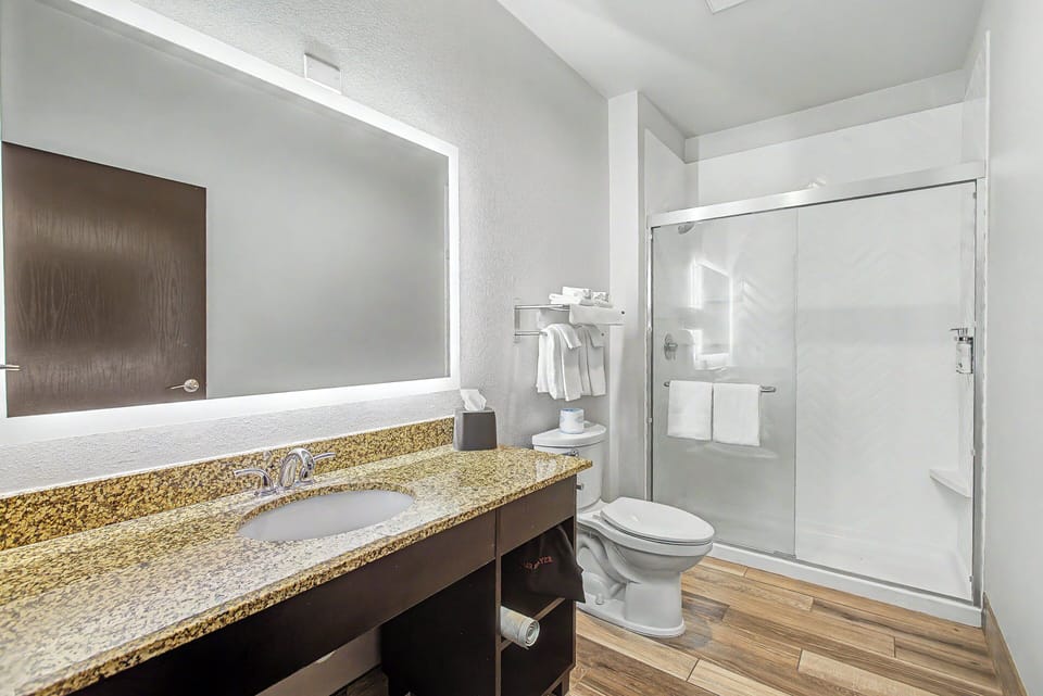 Combined shower/tub, hair dryer, towels
