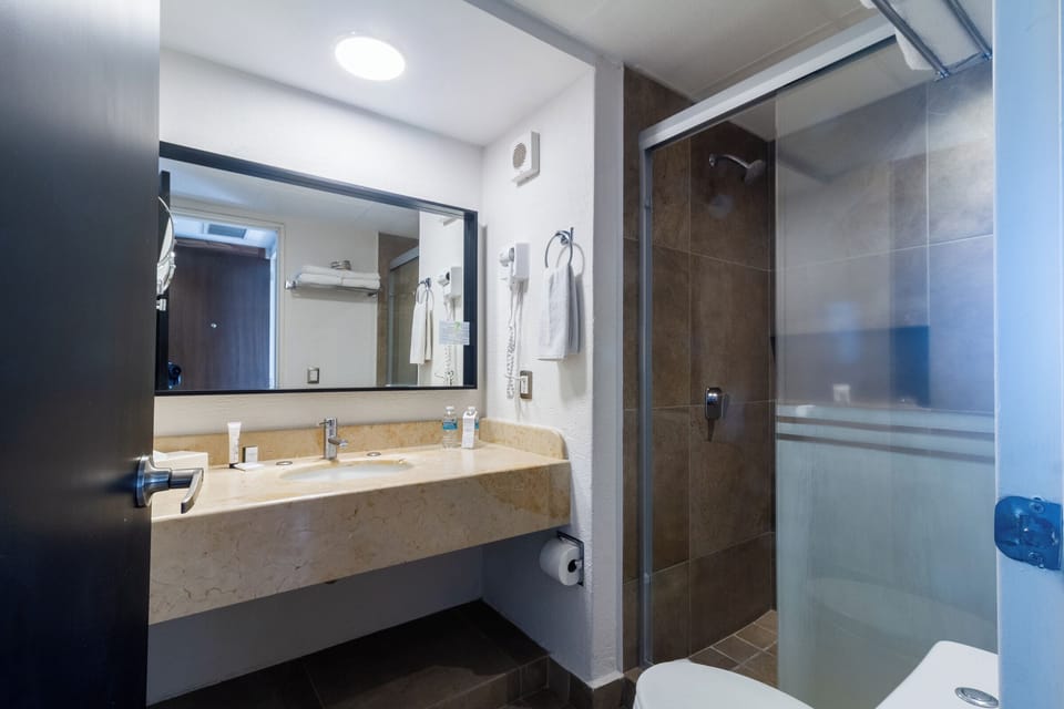 Shower, free toiletries, hair dryer, towels