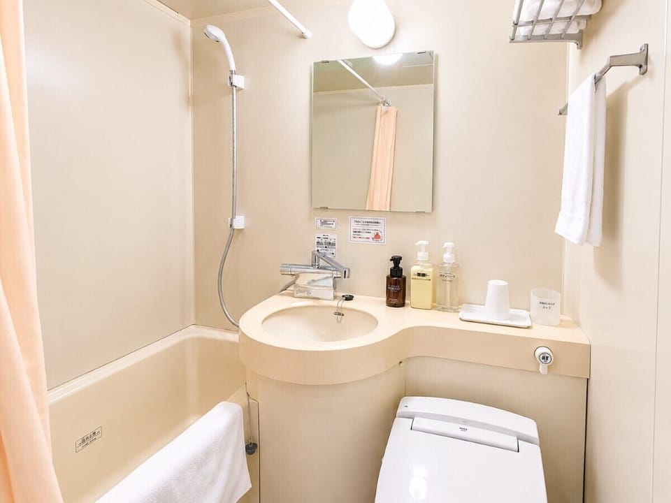 Combined shower/tub, free toiletries, hair dryer, slippers
