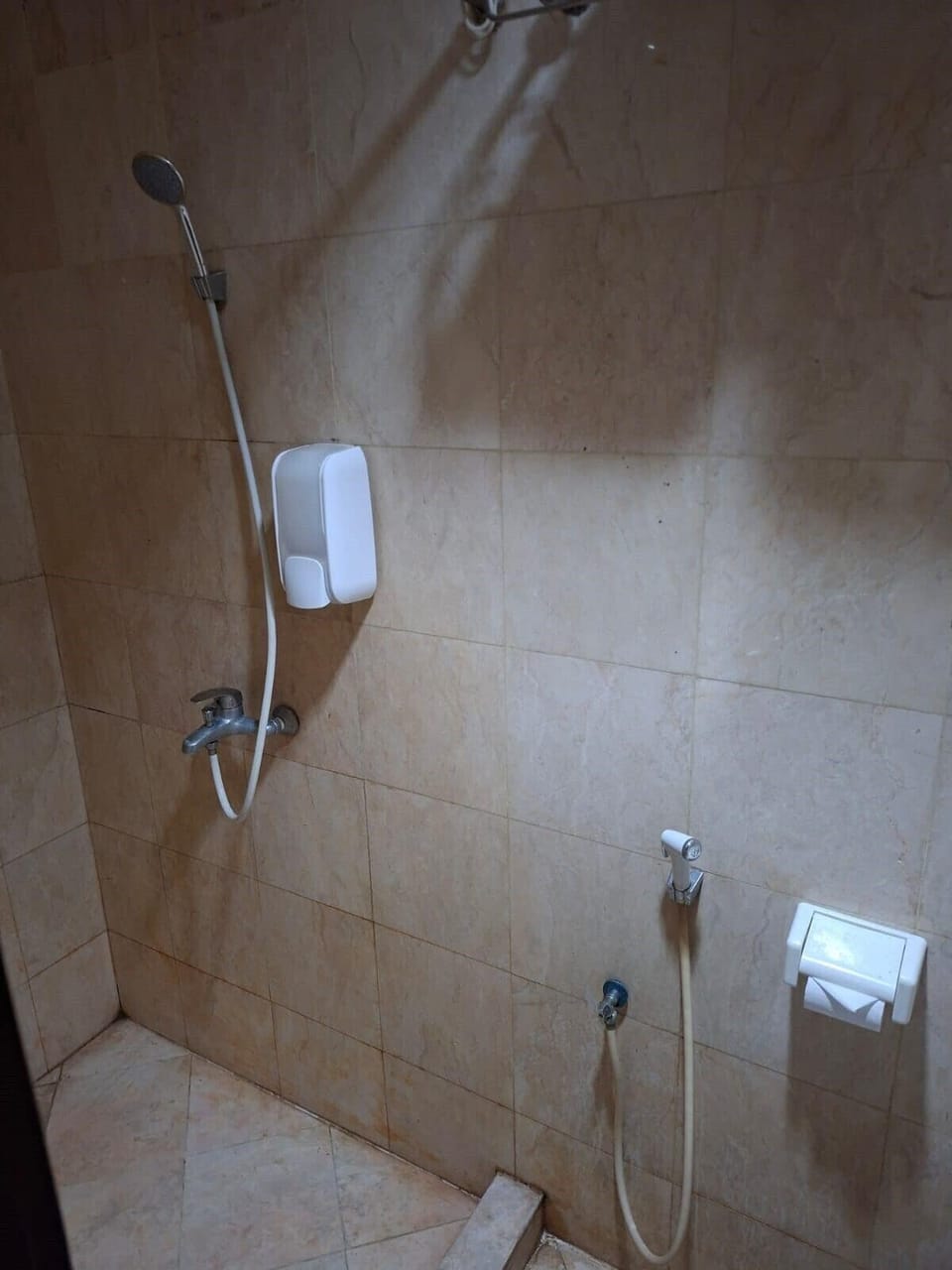 Separate tub and shower, soap, shampoo, toilet paper