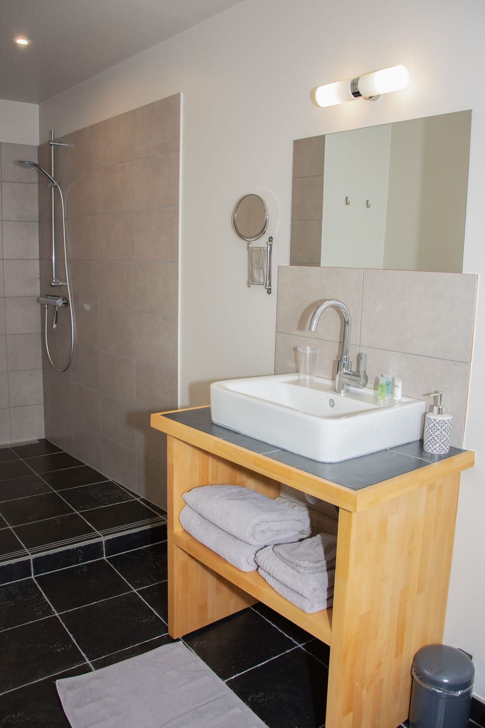 Shower, free toiletries, hair dryer, towels