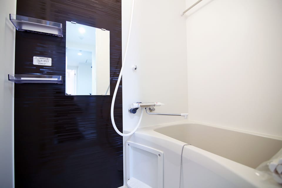 Combined shower/tub, towels, shampoo