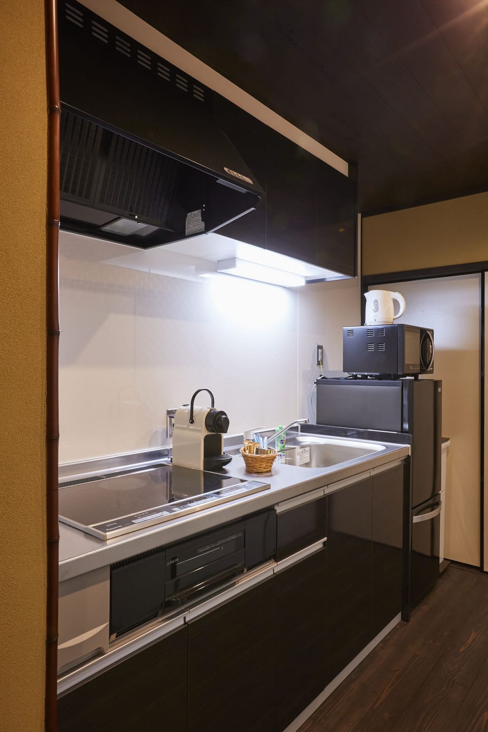 Japanese Style Town House | Private kitchen | Full-size fridge, microwave, stovetop, espresso maker