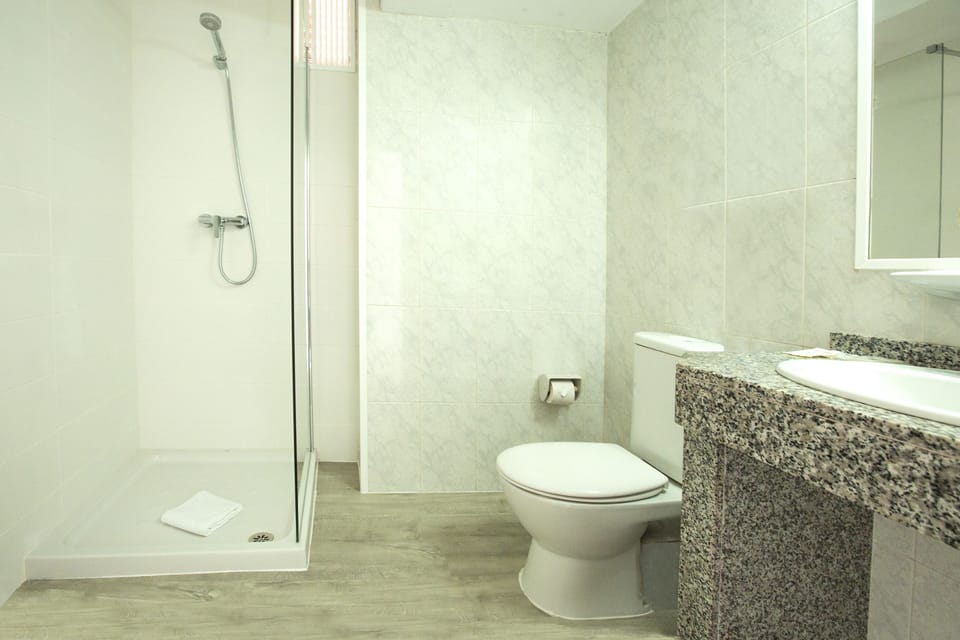 Shower, free toiletries, hair dryer, towels