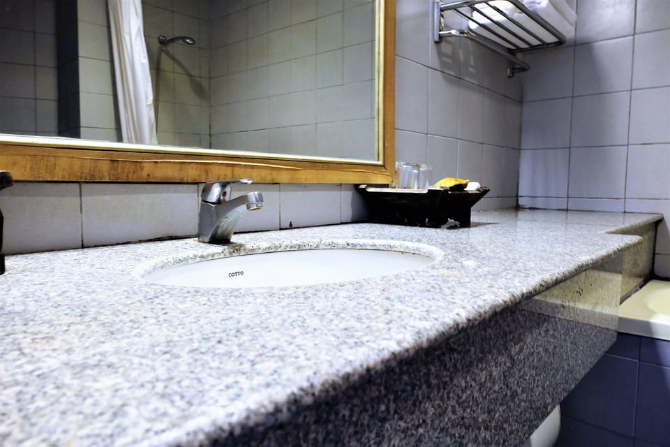 Combined shower/tub, deep soaking tub, free toiletries, hair dryer