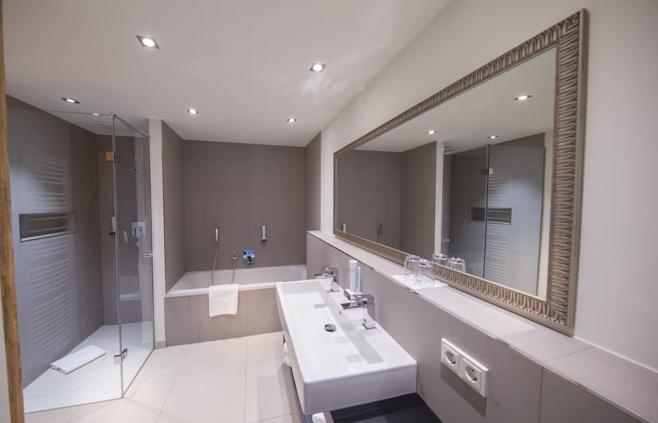 Hair dryer, bathrobes, slippers, heated floors