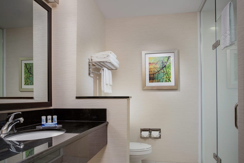 Eco-friendly toiletries, hair dryer, towels, soap