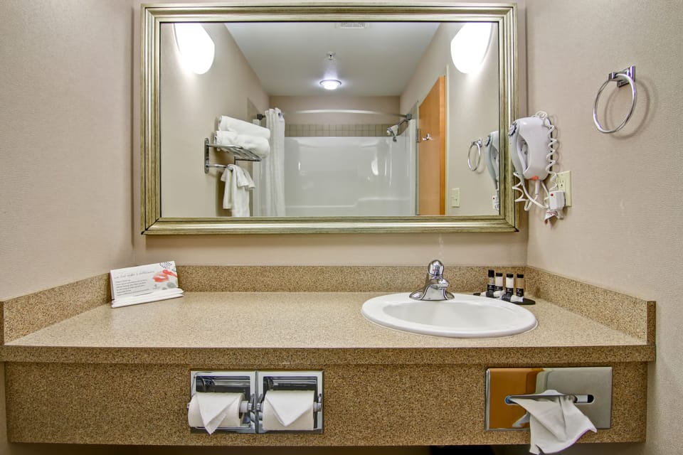 Combined shower/tub, hair dryer, towels