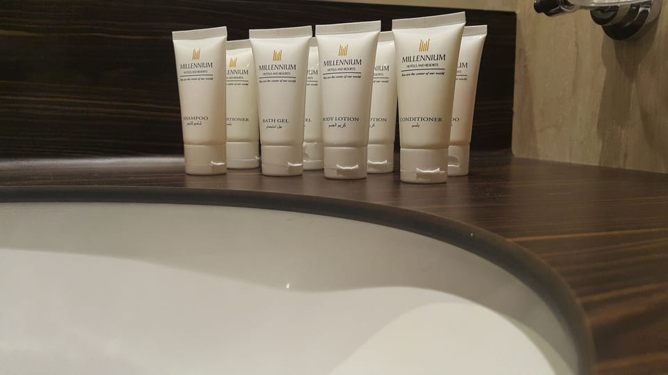 Shower, rainfall showerhead, free toiletries, hair dryer