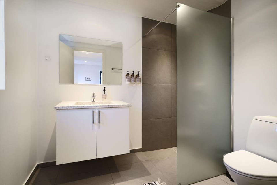Shower, rainfall showerhead, hair dryer, towels