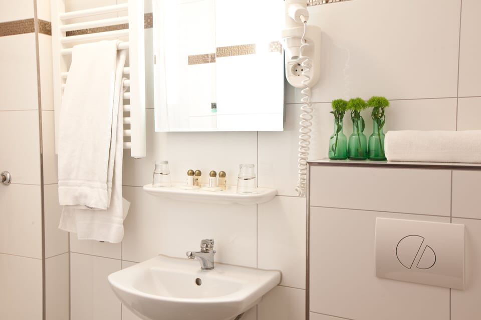Shower, free toiletries, hair dryer, towels