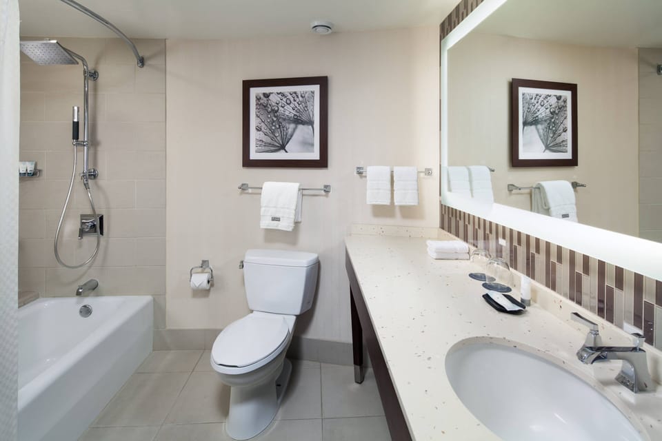 Combined shower/tub, rainfall showerhead, eco-friendly toiletries