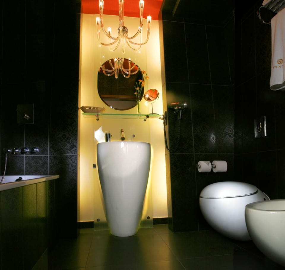 Combined shower/tub, free toiletries, hair dryer, bathrobes