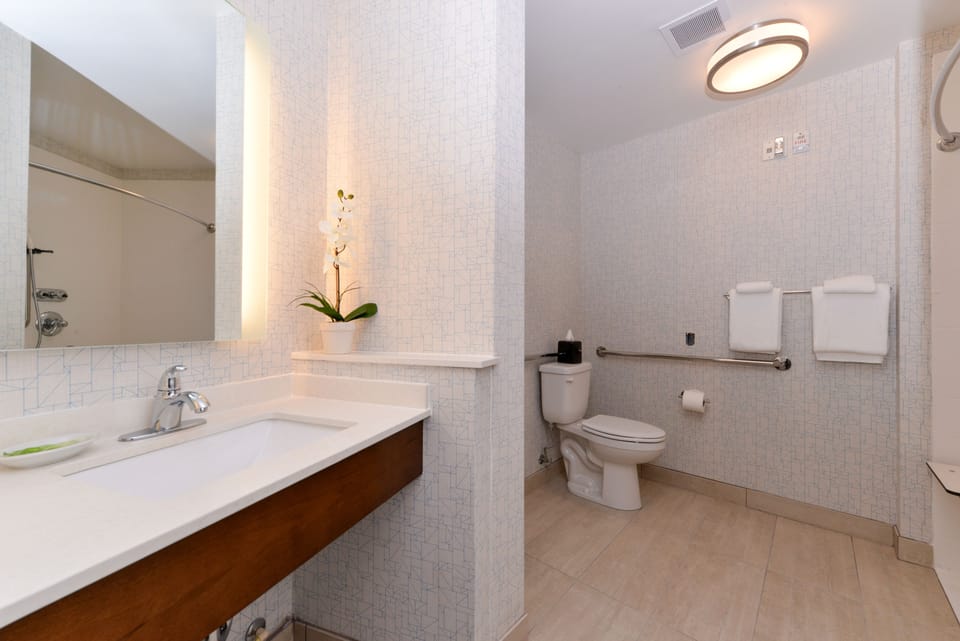 Hair dryer, towels, soap, shampoo