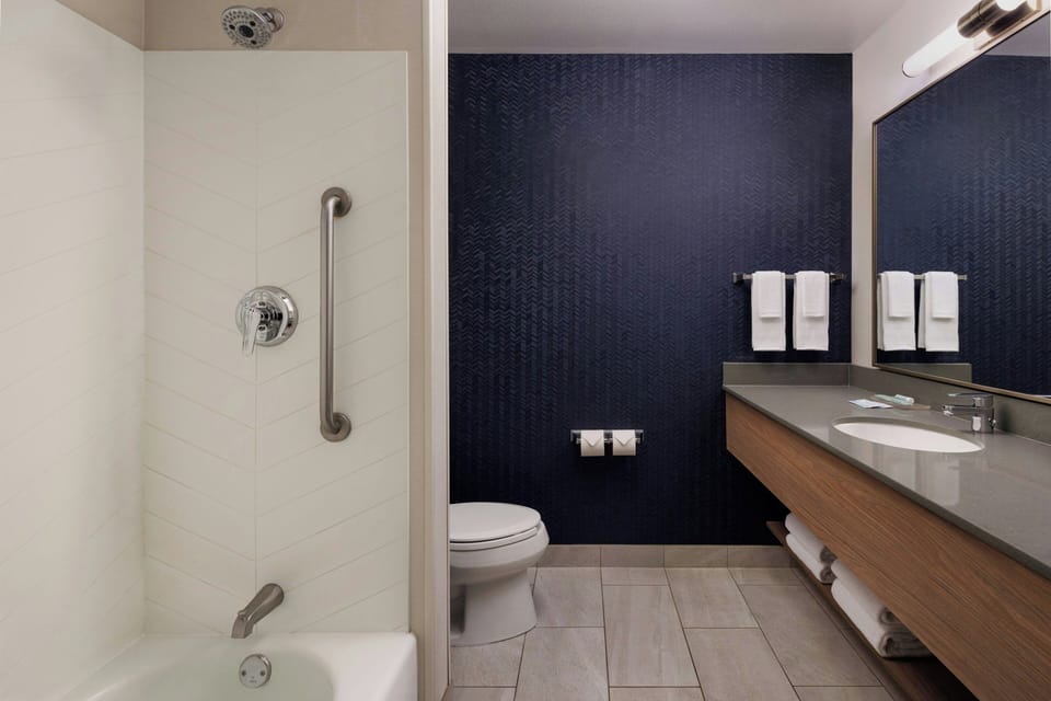 Combined shower/tub, free toiletries, hair dryer, towels