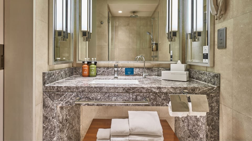 Shower, free toiletries, hair dryer, bathrobes