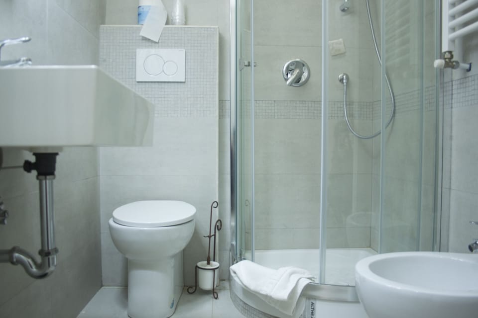 Shower, free toiletries, hair dryer, towels