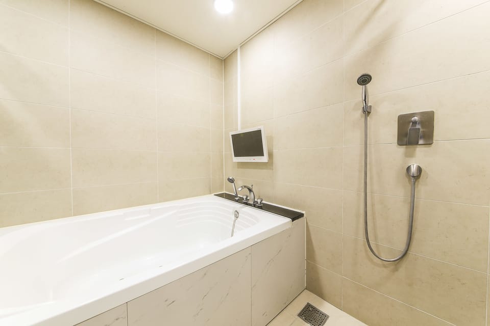 Combined shower/tub, jetted tub, free toiletries, hair dryer