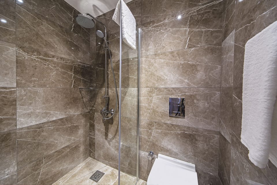 Shower, free toiletries, hair dryer, slippers