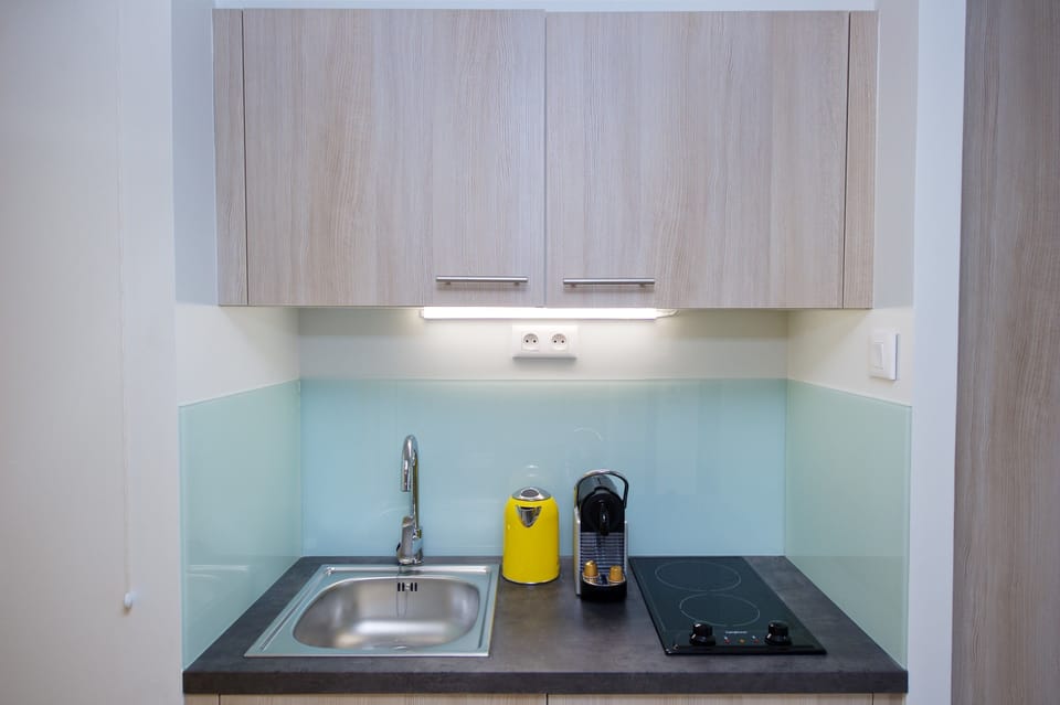 Fridge, microwave, stovetop, electric kettle