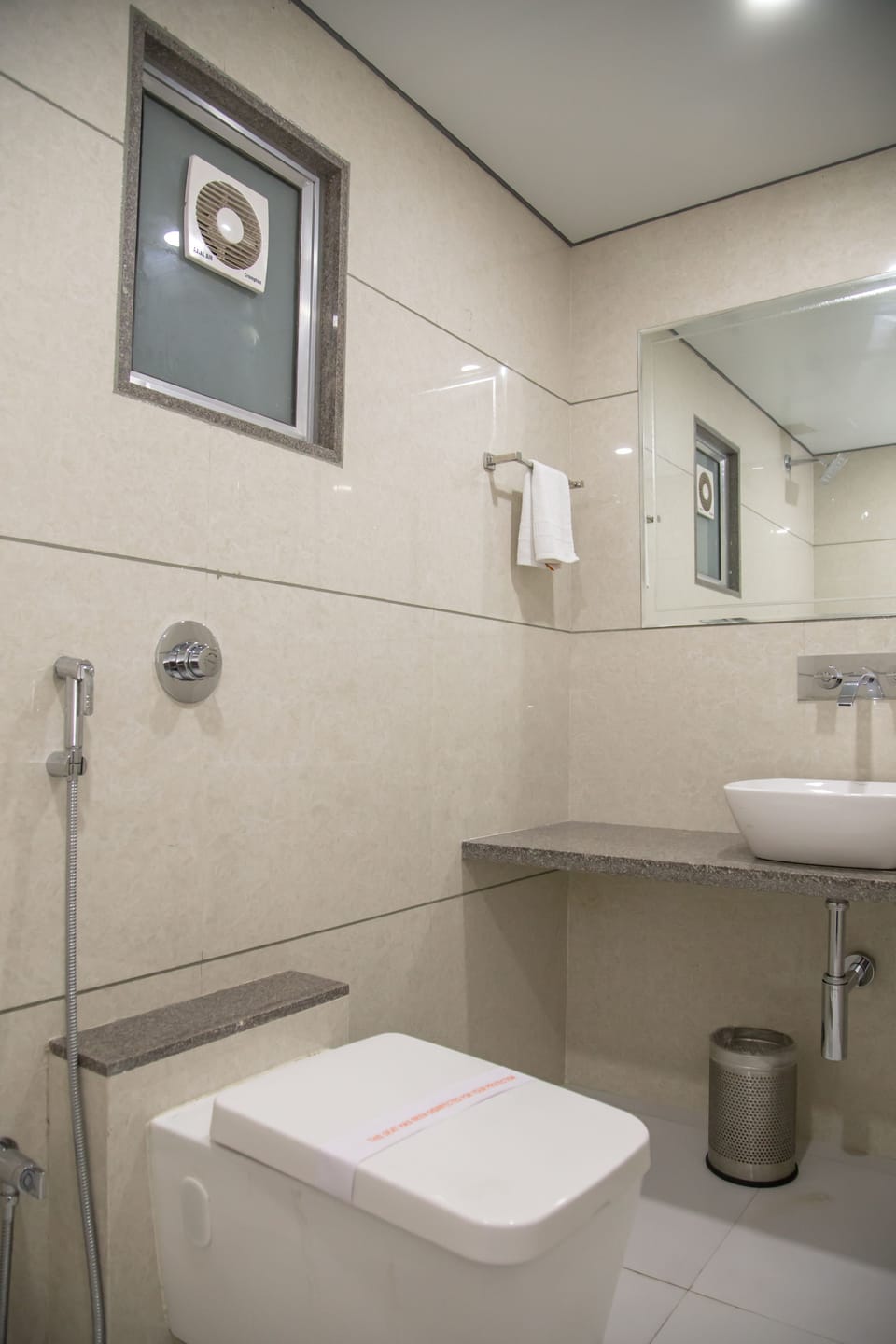 Shower, free toiletries, slippers, towels