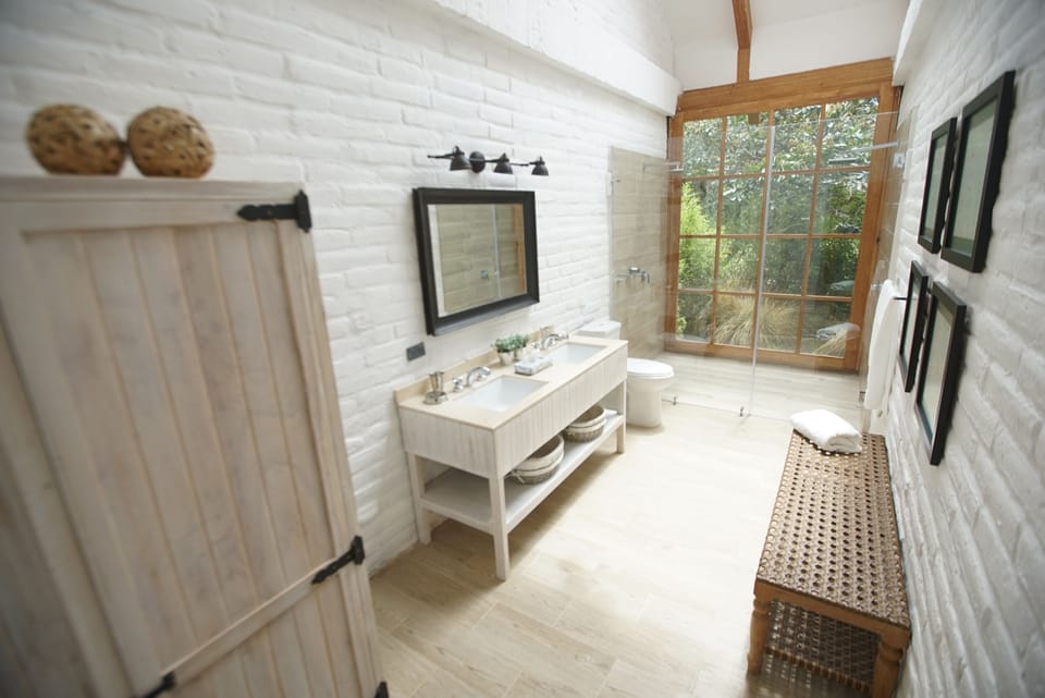Shower, rainfall showerhead, designer toiletries, hair dryer