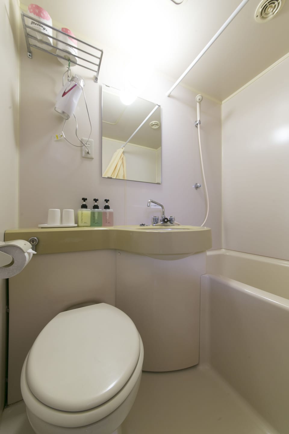 Combined shower/tub, free toiletries, hair dryer, slippers
