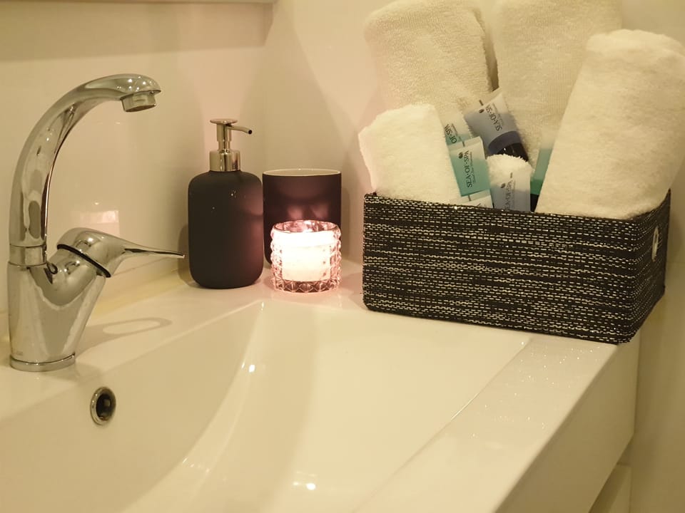 Shower, free toiletries, hair dryer, towels