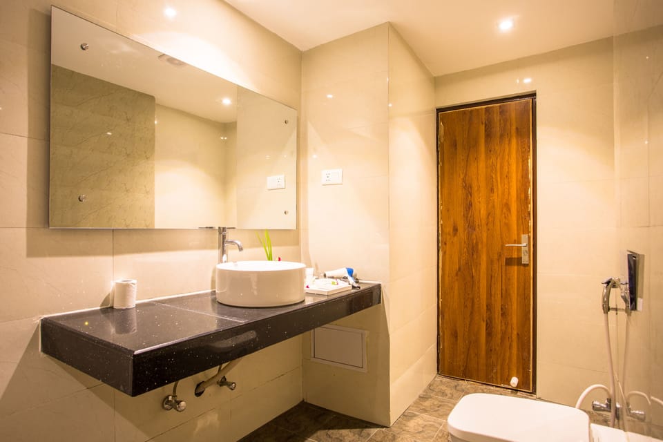 Shower, rainfall showerhead, hair dryer, bathrobes
