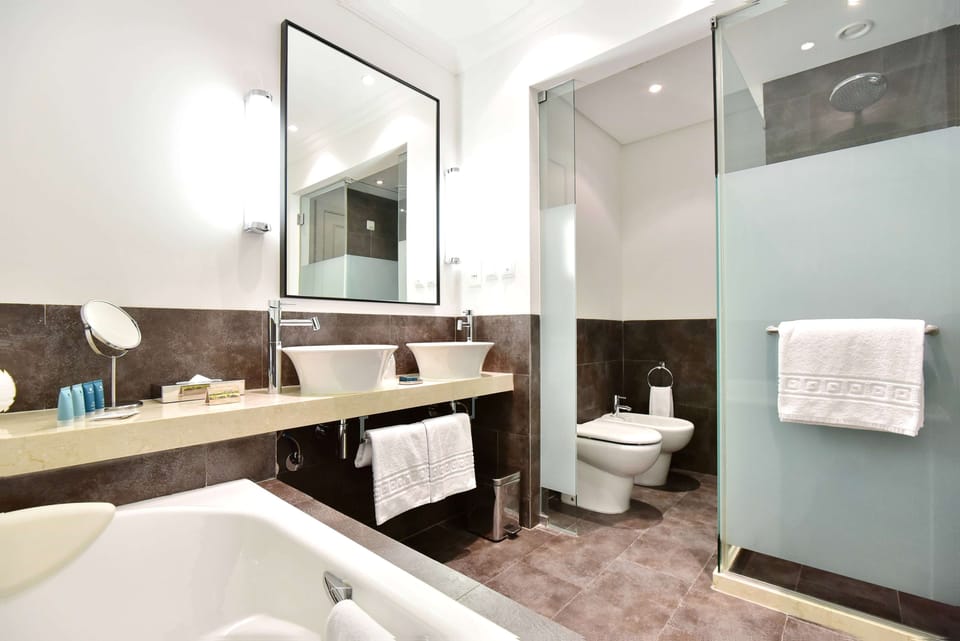 Separate tub and shower, rainfall showerhead, hair dryer, bidet