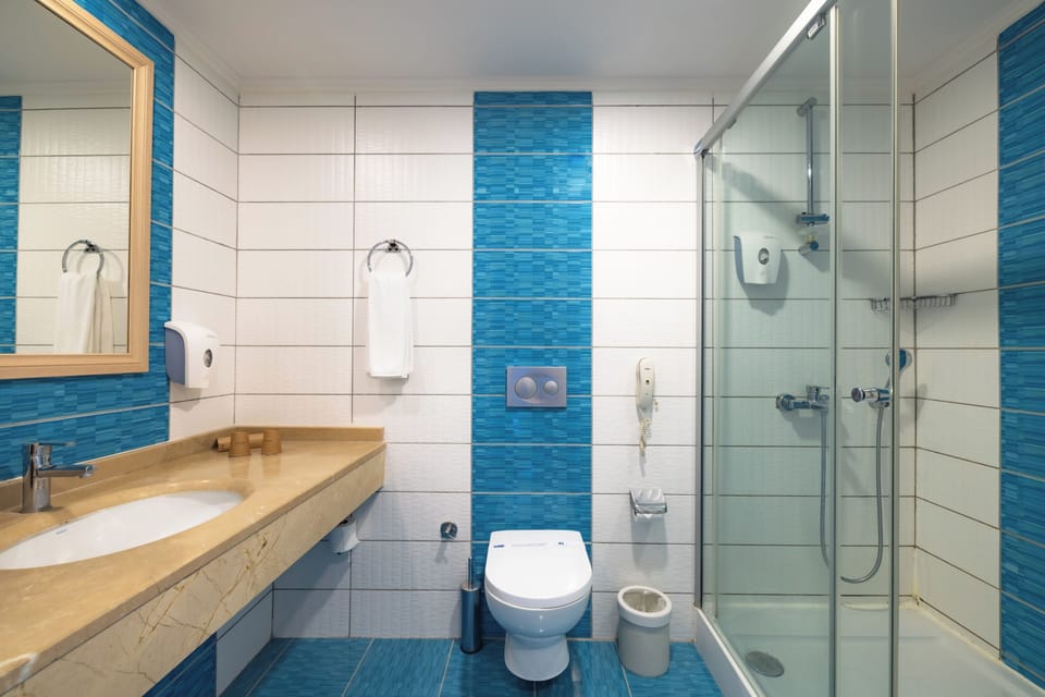 Shower, free toiletries, hair dryer, slippers