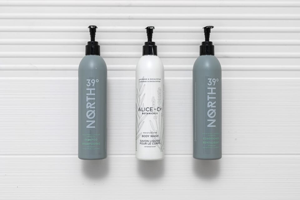 Combined shower/tub, hair dryer, towels, soap