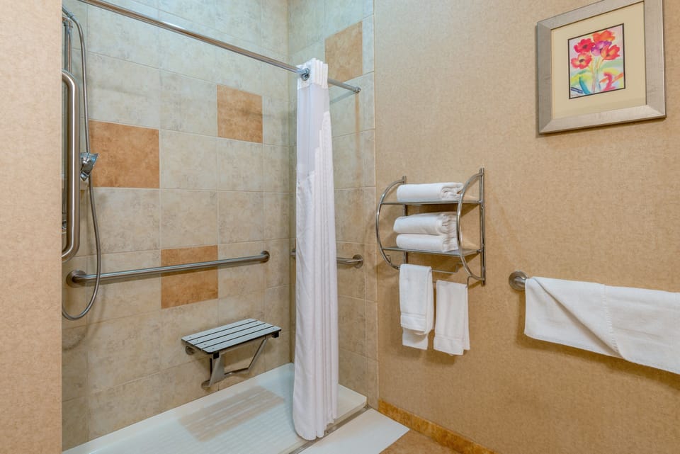 Rainfall showerhead, free toiletries, hair dryer, towels