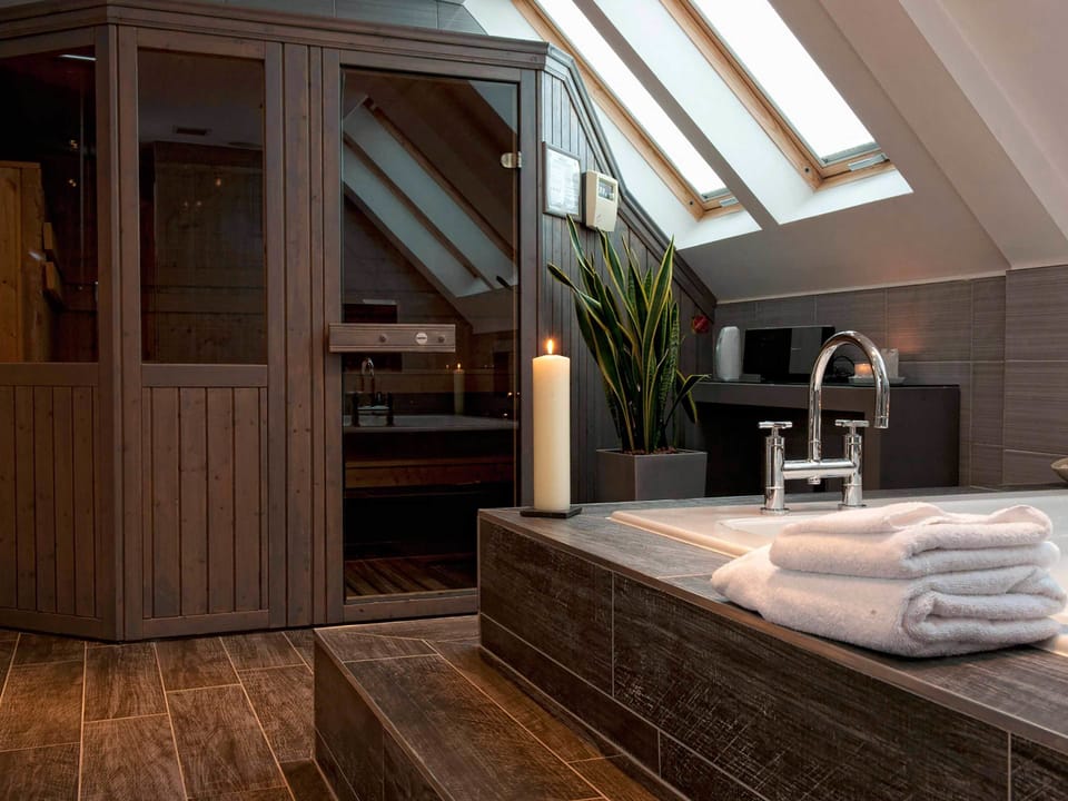 Hair dryer, towels, soap, shampoo