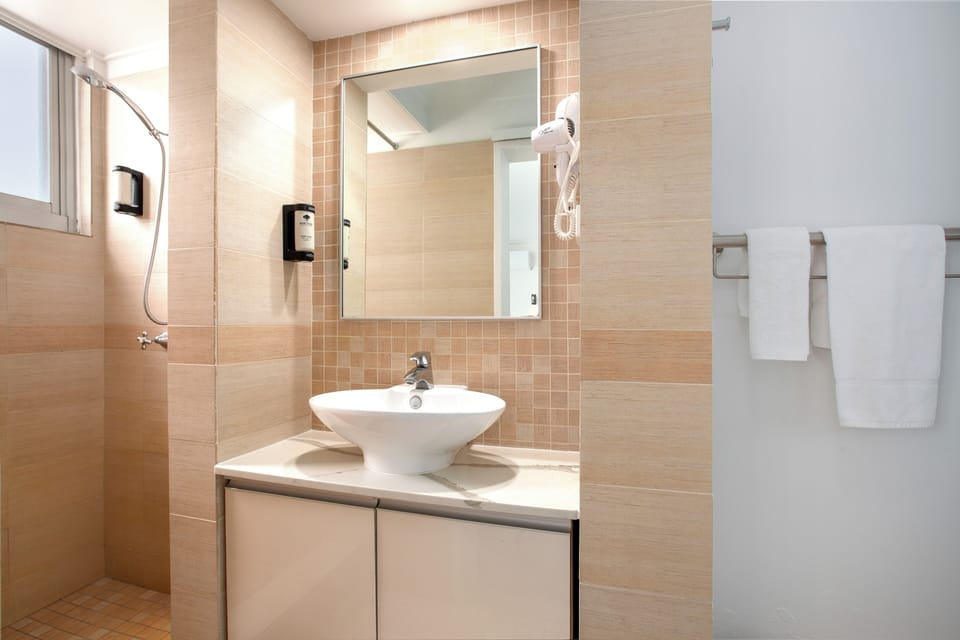 Deluxe Queen Studio | Bathroom | Shower, hair dryer, towels, soap