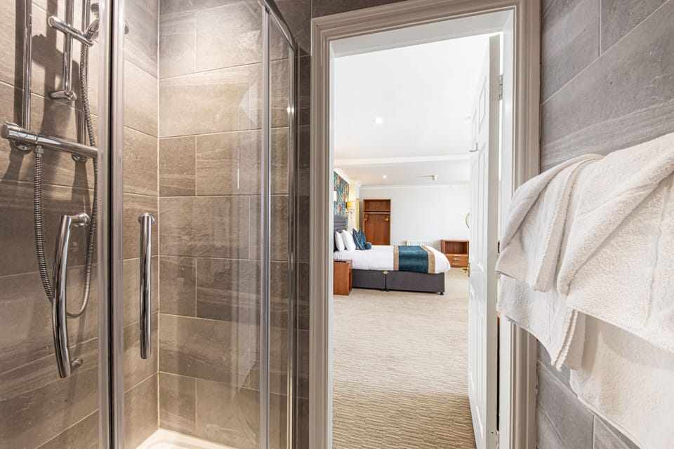 Shower, free toiletries, hair dryer, towels