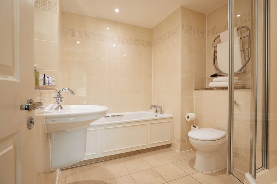 Separate tub and shower, hair dryer, towels