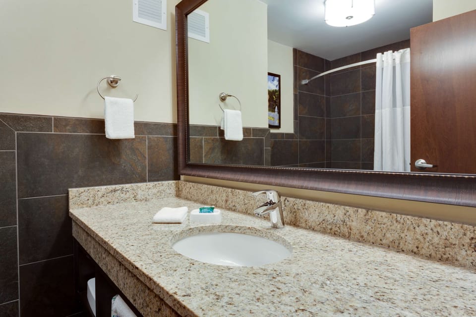 Combined shower/tub, free toiletries, hair dryer, towels