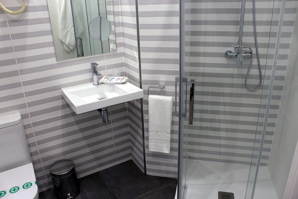 Combined shower/tub, free toiletries, hair dryer, towels