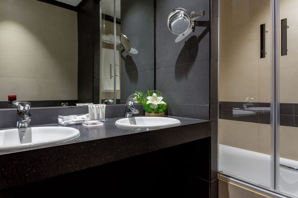 Combined shower/tub, eco-friendly toiletries, hair dryer, bidet