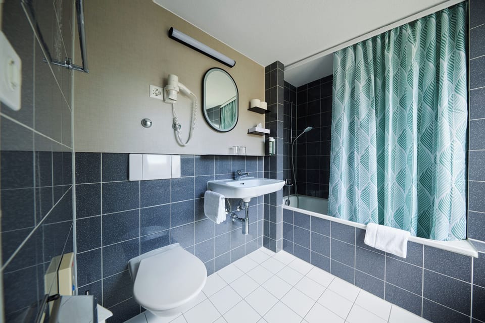 Hair dryer, towels, soap, shampoo