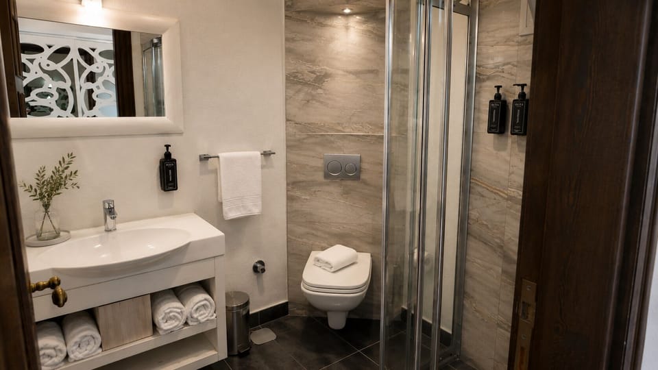 Shower, free toiletries, hair dryer, towels