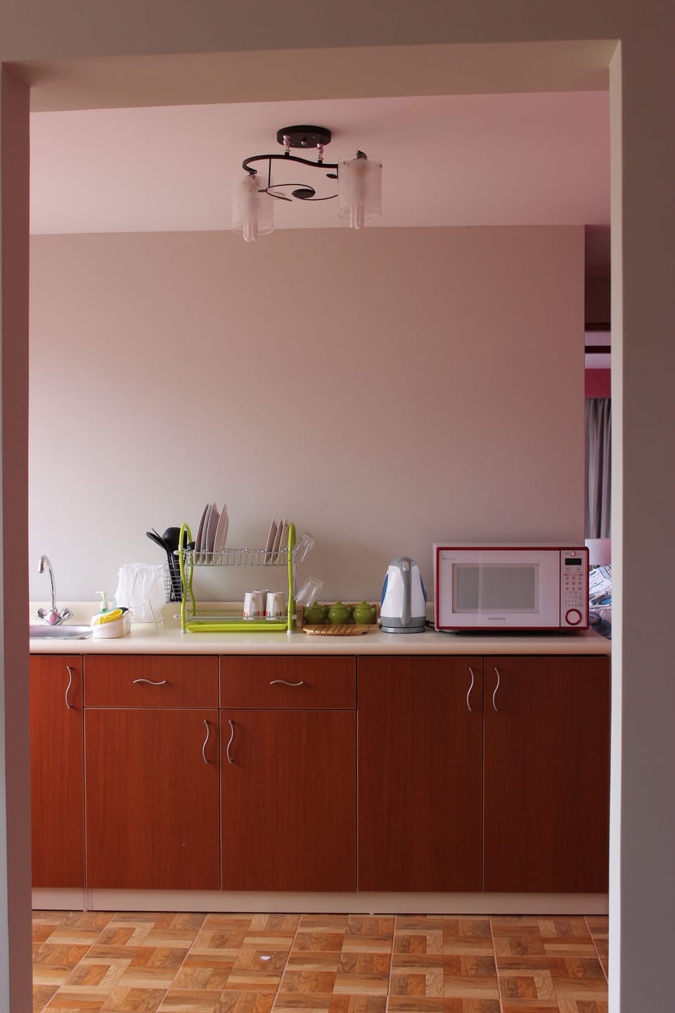 Full-size fridge, microwave, stovetop, coffee/tea maker