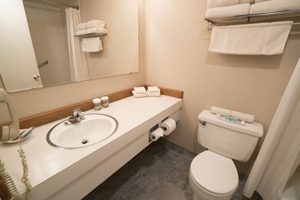 Room, 2 Queen Beds | Bathroom | Combined shower/tub, free toiletries, hair dryer, towels