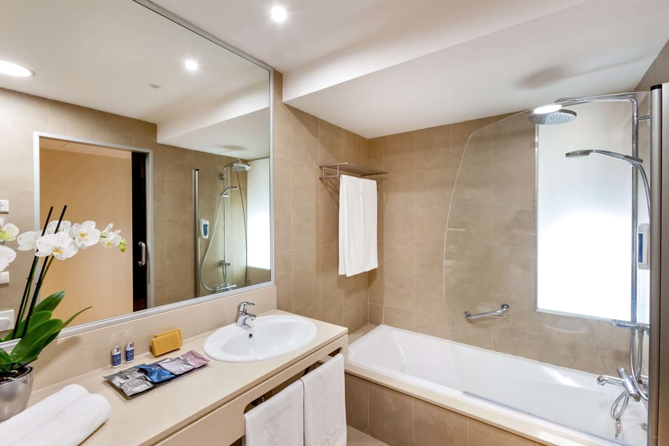 Free toiletries, hair dryer, bidet, towels