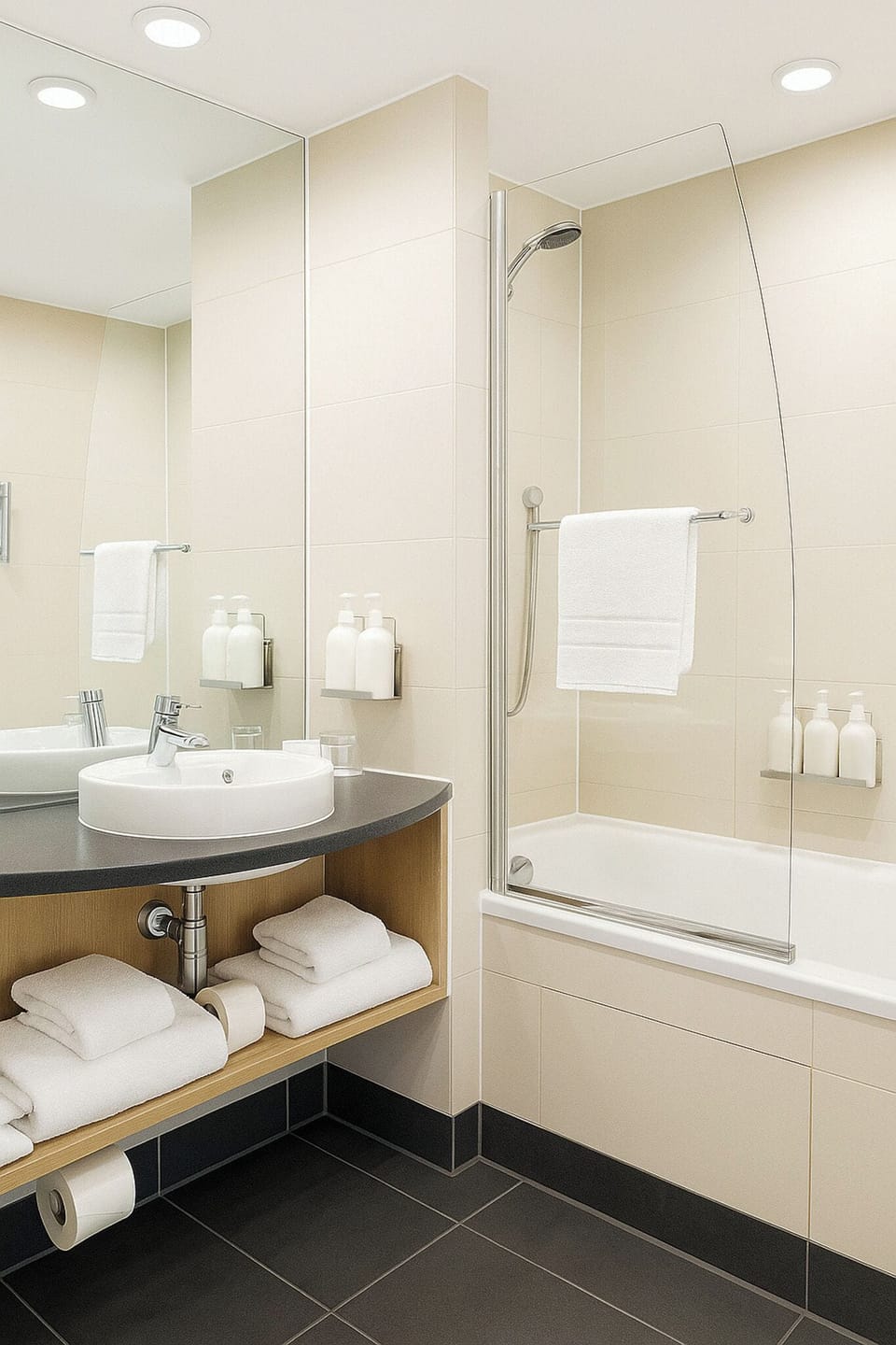 Shower, free toiletries, hair dryer, towels