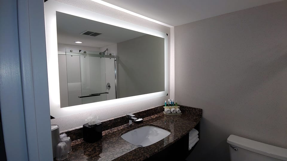 Combined shower/tub, free toiletries, hair dryer, towels